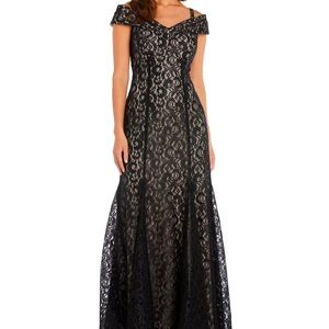 R&M Richards Black and Tan Shimmer Off-the-Shoulder Gown🖤 Lace & Shimmer